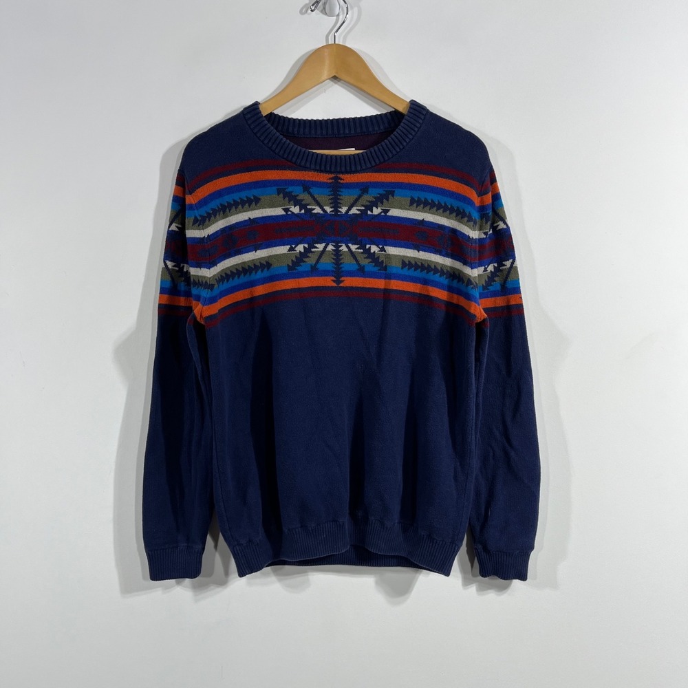Mossimo Y2K Folk Mens Navy Southwestern Intarsia Knit Crewneck Sweater Large
